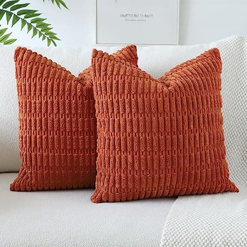 Image of JOTOM Set of 2 Corduroy Soft Striped Cushion Covers 45x45 cm Decorative Throw Pillow Covers Square Cushion Case Home Boho Decor Pillow Cases for Couch Sofa Bedroom 18x18 Inch (Rust)