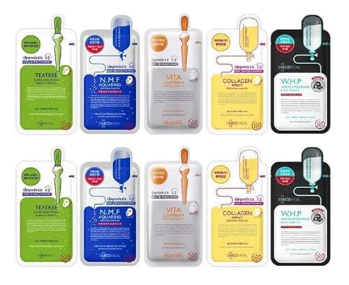 Image of Grehge heet Mask Bundle N.M.F Aquaring Ampoule + Collagen Impact + Teatree Care + E.G.T Timetox Ampoule EX + W.H.P White Hydrating Black EX, 2pcs Each, 5 Different Masks, Totally 10 Sheets