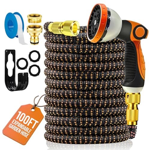 Image of MOSII 100FT Expandable Garden Hose Pipe, Flexible Heavy Duty Water Hose Pipe Extendable with 10-Pattern Spray Nozzle, Brass Fittings, Hosepipes for Garden Car Washing (Orange, 100FT/30M)
