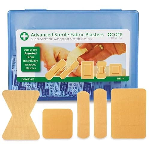 Image of CorePlast Sterile Fabric Plasters Hard Box Assorted Washproof Plaster Pack 100, Tough, Sticky, Finger Stretchable Medical Plasters, Home, Work, First Aid Kits. Easy-Open, Cushioned Wound Support