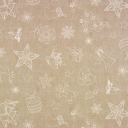 Image of PVC Tablecloth Christmas Decor Mink 2 Metres (200cm x 140cm), Snowflakes Star Angel Scroll Tree Candle Xmas Hearts Baubles Bells Holly, Linen Look Tan Brown Latte