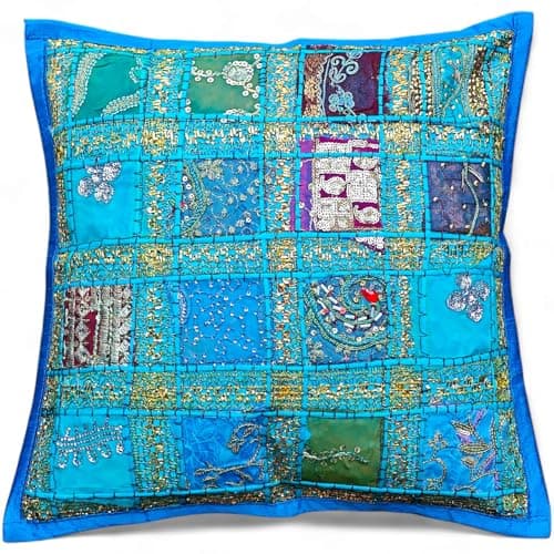 Image of Original Kikan Cushion Covers 16"x16" Indian Heavy Embroidery Sari Patchwork Square zip 40cm (BLUE)