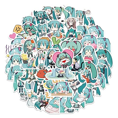 Image of Tacomexi Hatsune Miku Stickers: 65 Cute Vinyl Stickers for Water Bottles, Tumblers, Luggage, Skateboards, Scrapbooks, Mugs - Anime, Turquoise, Glitter, High-Definition Printing, Outdoor Use