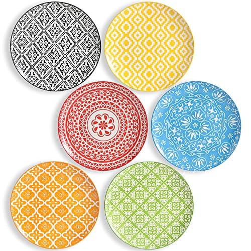 Image of Dinner Plates Set of 6, 10 Inch Scratch Resistant Ceramic Plates, Dishwasher and Microwave Safe, Pasta Plate, Salad Plate, for Main Course, Boho Style