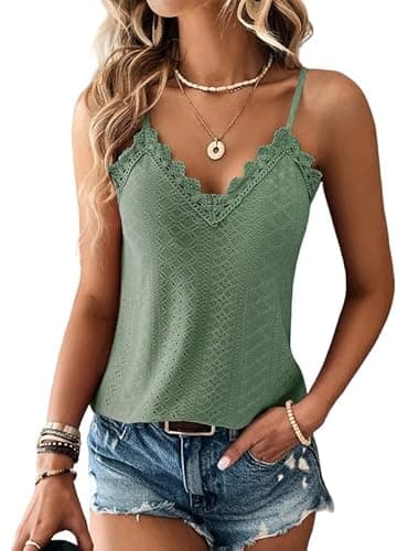 Image of Haibang Vest Tops Women Lace Trim V Neck Ladies Summer Tops Tank Tops Sleeveless Spaghetti Strap Cami Top Eyelet Embroidery Camisole Loose Fit Blouse Shirt Green