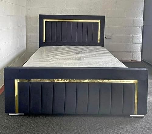 Image of Bed Croft Chesterfield Plush Velvet Gold Line Panel bed Frame and Headboard - Mattress/Gas Lift - UK Made (Black Plush, Double 4ft6 Bed Frame)