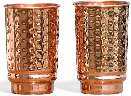 Image of HEALTHANDVEDA™ Pure Copper Cup & Tumbler Set of 2 | Hammered Copper Glasses for Drinking Water Daily Use & Gift Sets | Ayurveda Health Benefits - 350 Ml Capacity (Hammered Cup)