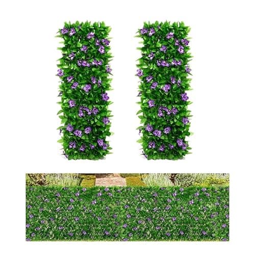 Image of Qisino Artificial Ivy and Violet Flower Fence Screening,Expanding Garden Trellis Panels for Balcony Patio Outdoor,Decorative Faux Ivy Fencing Panel,Artificial Hedges 40x200cm- Expanded (2)
