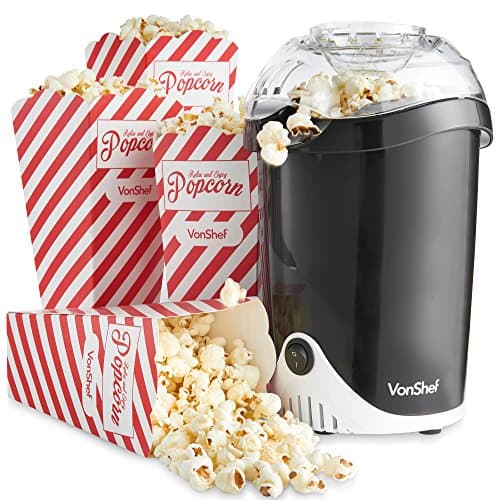 Image of VonShef Popcorn Maker – 1200W Air Popcorn Machine with Hot Air Circulation, One Touch Operation, Movie Night Accessories, Healthy & Oil Free Snack Maker for Kids with 6 Boxes - Black
