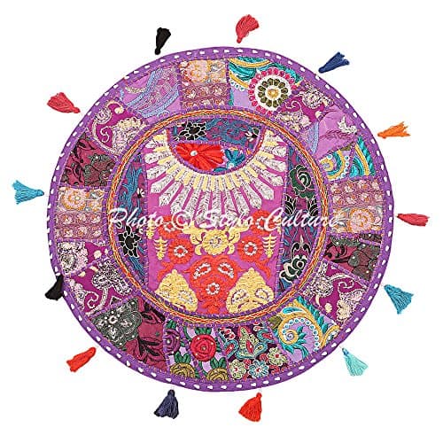 Image of Stylo Culture Indian Round Floor Pillow Boho Scatter Cushion Cover Purple 45x45 cm Vintage Patchwork Living Room Boho Small 18 Inch Home Decor Cotton Embroidered Chair Seating Cover