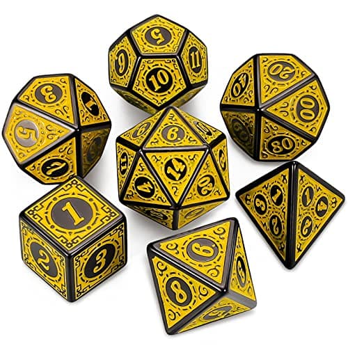 Image of QMAY DND Dice Polyhedral Dice Set - 7 Pieces for Dungeon and Dragons MTG RPG D&D D20, D12, D10, D%, D8, D6, D4 (Yellow Engraving)