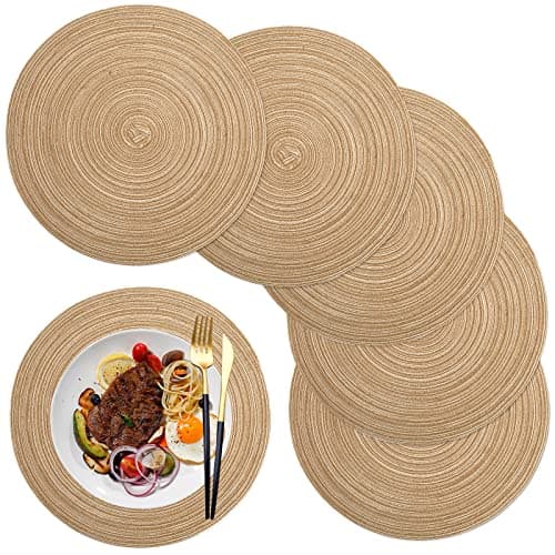 Image of maifey Round Placemats set of 6, 14.17 Inch,Round Woven Table Placemats Washable Easy Clean Heat-Resistant Table Mats for Kitchen Dining Home, coffee color