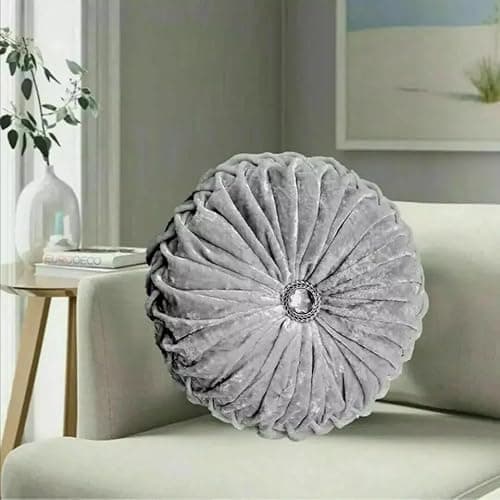 Image of Stylish Home London Diamond Round Cushions Stitched Filled Crushed Velvet Beautiful Sofa Cushion Bed Cushion Small & Large (Silver, 35 x 35 cm (18 x 18 In))