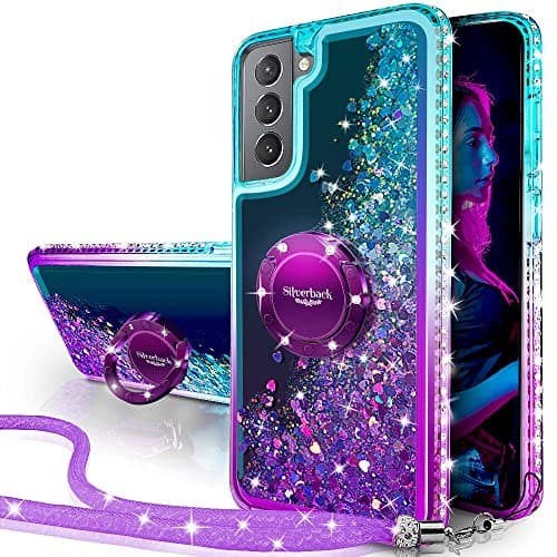 Image of Silverback Miss Arts for Samsung S21 FE Case, Liquid Sparkly Glitter Case with Kickstand and Lanyard, Girls Women Bling Diamond Ring Shockproof Protective Cover for Samsung Galaxy S21 FE -Purple