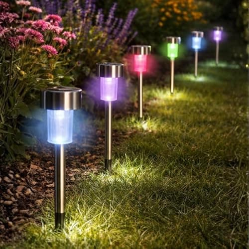 Image of Garden Mile 10pc Stainless Steel Solar Stake Lights Colour Changing Solar Garden Lights Outdoor Waterproof and Durable Driveway Pathway Lighting Stake Light for Flower Beds Planters Borders