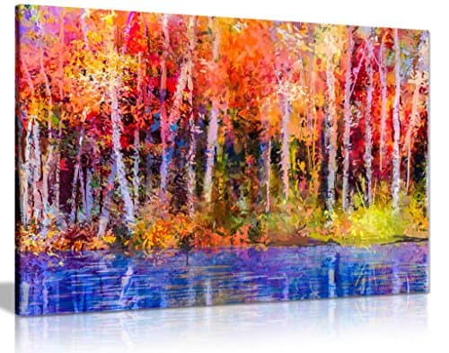 Image of Oil Painting Colourful Red Yellow Autumn Trees Nature Canvas Wall Art Picture Print (24x16)