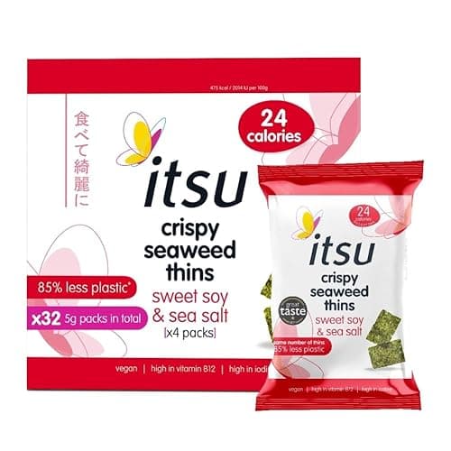 Image of itsu Sweet Soy & Sea Salt Flavour Seaweed Thins 5g | Crispy Seaweed Snacks | Vegan | Low Calorie | Healthy Snack | Pack of 32