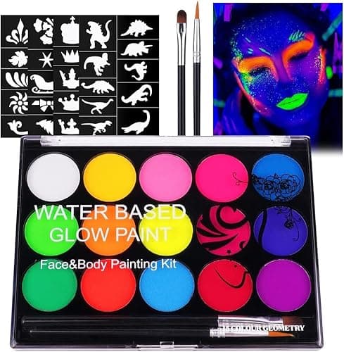 Image of URAQT Face Paint Kit, 15 Color Neon Ultraviolet Glow Face Painting Palette with 2 Brushes 32 Stencils, Faces Paints Safe Body Painting for Adults Kids Party Carnival, Makeup Paint Non - Toxic to Use
