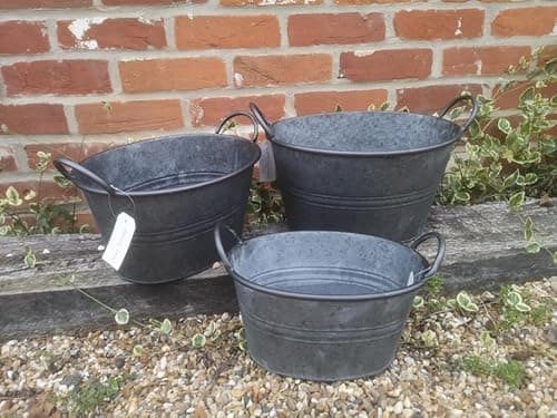 Image of Patio and terrace 3X Vintage Style Grey Zinc Galvanised Metal Garden Flower Planter Tub Pot Bucket