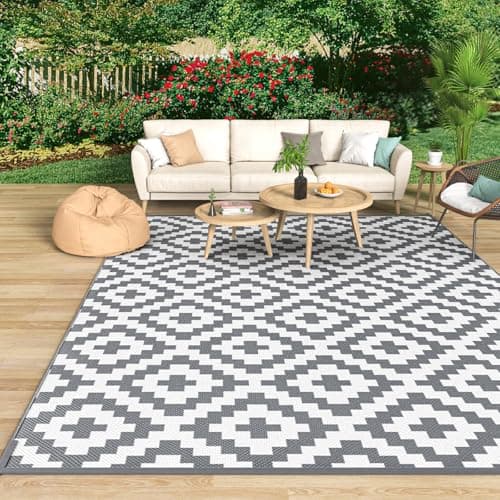 Image of MOKANI Large Outdoor Rug for Patios Waterproof, Anti-slip Plastic Straw Garden Mat Carpet UV Resistant Indoor Area Rugs for Camping, Deck, Beach, Picnic, Backyard (240x300cm, Grey & White)