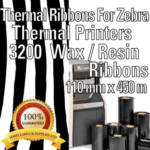 Image of Black Thermal Ribbon For Zebra Printers Wax/Resin Enhanced 110mm x 450mtrs x 6 Rolls Outside Wound High Quality Ribbon Compatible To Zebra Ribbon Wax/Resin 3200 Code 03200BK11045