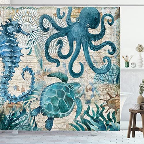 Image of GOOESING Nautical Biological Theme Shower Curtain Blue Ocean Sea Turtles Octopus Seahorse Beach Coral Reef Vintage Nautical Map Curtain Fabric Bathroom with Hooks Washable, Teal,72 X 72 Inch