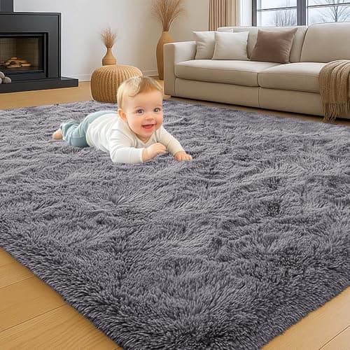 Image of INSPIRE HOMEWARE Grey Rug Bedroom 120 x 170 cm, Soft Fluffy Rugs for Living Room - Non Shedding Modern High Pile Carpet for Dining Room, Nursery Rug for Kids Room