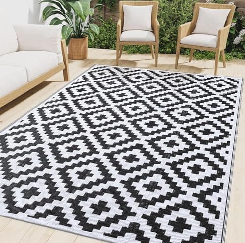 Image of smiry Outdoor Rug Waterproof Garden Rugs UV-Resistant Outside Patio Carpet Reversible Plastic Straw Mat for Balcony, Camping, Picnic, Backyard - 120 x 180 cm, Black & White