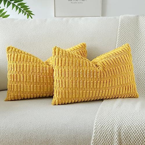 Image of JOTOM Set of 2 Corduroy Soft Striped Cushion Covers 30x50 cm Boho Decorative Throw Pillow Covers Lumbar Cushion Case Couch Home Decor Pillowcases for Sofa Bedroom 12x20 Inch (Mustard Yellow)