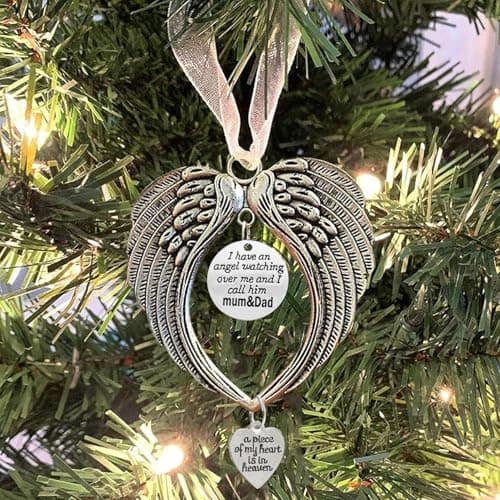 Image of BTORER Christmas Memorial Ornaments Angel Wings Sympathy Gifts for Loss of Loved One - I Have a Angel Watching Over Me I Call -A Piece of My Heart Is in Heaven Christmas Tree Hanging Decor (mum & dad)