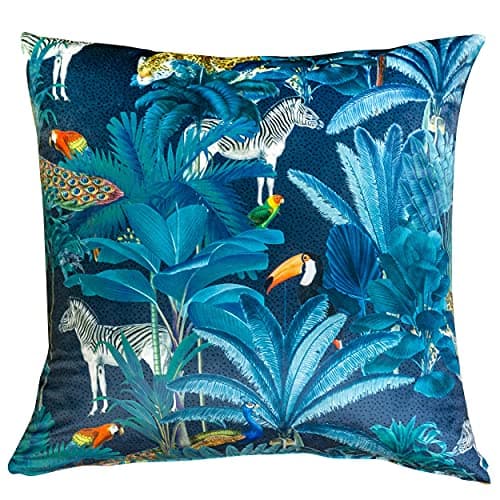 Image of Linen Loft Palm Forest Velvet Extra-Large Cushion Cover. Exotic Birds and Tropical Jungle Animals on a Bright Teal Background. Backed With a Plain Teal Soft Velvet. 23x23 XL Cover Only.