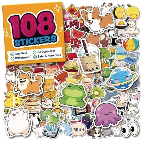 Image of 108 Pcs Cute Stickers for Teens, Waterproof Vinyl Animal Stickers for Water Bottle, Laptop, Scrapbook, Skateboard, Luggage, Reusable Decals for Party Bags