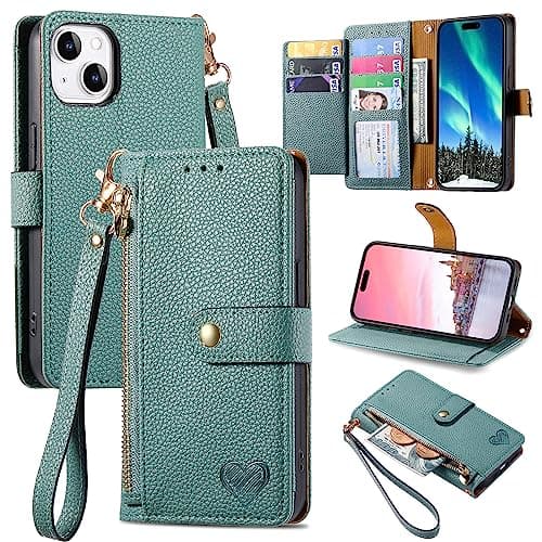 Image of VEEMOS Zipper Wallet Case for Apple iPhone 13 Mini Phone Case with Purse Card Holders RFID Blocking Leather Flip Case Book Cover Wrist Strap Women - Green