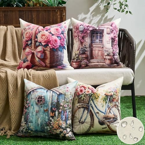 Image of Waterproof Cushion Covers 45 x 45 Garden Sofa Cushions Outdoor Floral Cushion Covers Pack of 2 Decorative Square Pillow Pink Outdoor Cushions Bohemian Decor Throw Cover Home Decoration Garden Bedroom