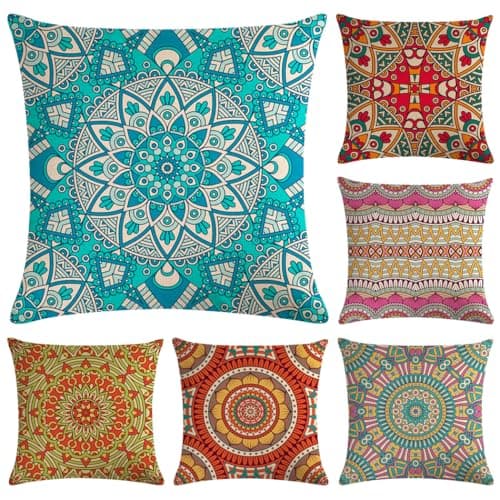 Image of Hodeacc 6 Pcs Modern Bohemian Mandala Cushion Covers 45 x 45cm, Bohemian Throw Pillow Cases Hippie Pillowcases for Sofa Couch Bed Chair,18 x 18 Inch,CASE ONLY