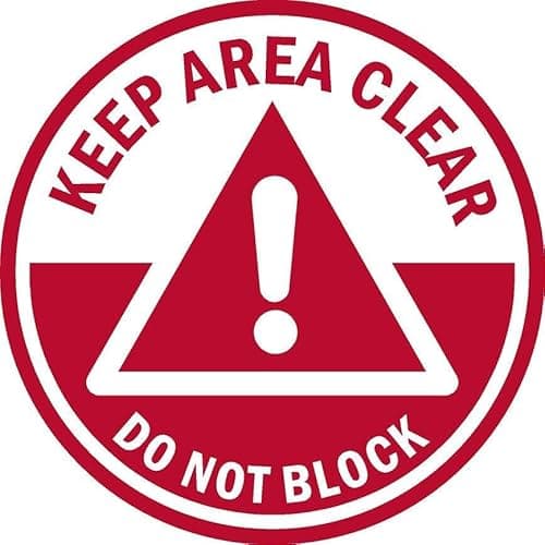 Image of Keep Area Clear. Do Not Block. Red floor sticker with triangle warning sign - Self adhesive floor graphic (600mm x 600mm)