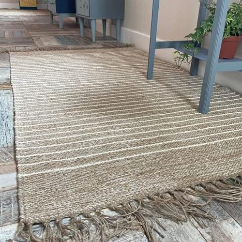 Image of Second Nature Online - BEKAL Area Rug | Sand Beige and Off White Pin Stripe Weave of Cotton Jute Yarn | Hand Woven | Ethical Trade | Eco-Friendly (60 x 90 cm)