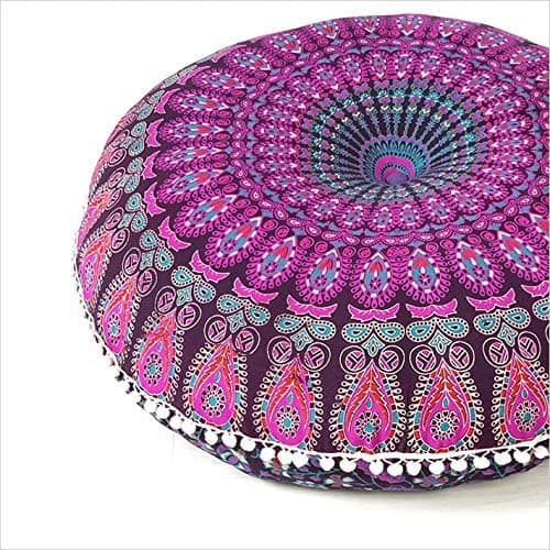 Image of 32" Mandala Large Floor Pillow Cover Meditation Cushion Seating Throw Hippie Round Colourful Decorative Bohemian Accent Boho Chic dog bed Indian Pouf Ottoman Handmade COVER ONLY (Peacock-Purple)
