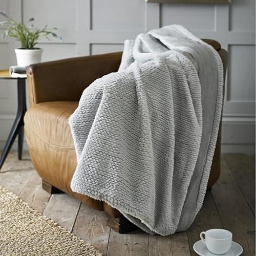 Image of Deyongs Stunning Large Supersoft Knit Style Sandringham Faux Fur Throw Blanket in Platinum 150cm x 220cm