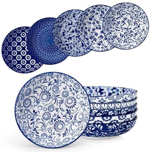 Image of vancasso Selene 8.5" 40 oz Pasta Bowls Set of 6, Large Porcelain Salad Bowls, Kitchen Ceramic Serving Bowls Pasta Plates, Blue & White Floral Design, Microwave Dishwasher Safe