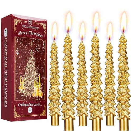 Image of Deco Express Christmas Tree Candles Set of 3 or 6, Dinner Candles 7 Hr Burn, Table Centrepiece Festive Decor Xmas Holiday, Gift Set Home Decoration (Gold, 6 Pcs)