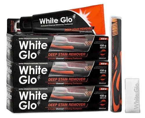 Image of White Glo Charcoal Deep Stain Remover Whitening Toothpaste 100 ml-Pack of 3 +Sanitral Dental Floss 50 Pcs (Set of 4)