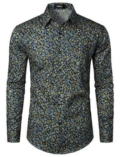 Image of JOGAL Mens Regular fit Floral Dress Shirt Long Sleeve Printed Casual Button Down Shirts Navy Floral Medium