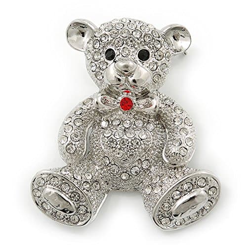 Image of Rhodium Plated Crystal Teddy Bear With Bow&Heart Brooch - 45mm Across
