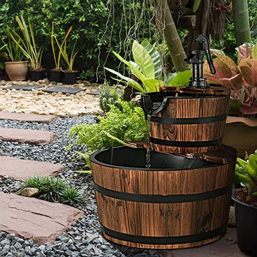 Image of GiantexUK Wooden Water Fountain, 2-Tier Barrel Water Feature with Pump, Outdoor Cascading Water Ornament for Patio, Garden and Courtyard