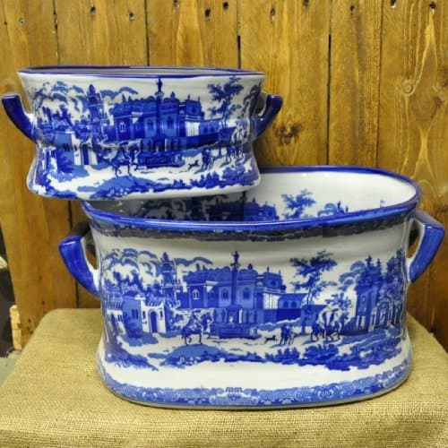 Image of Set 2 Vintage Look Ceramic Blue & White Foot bath Planters