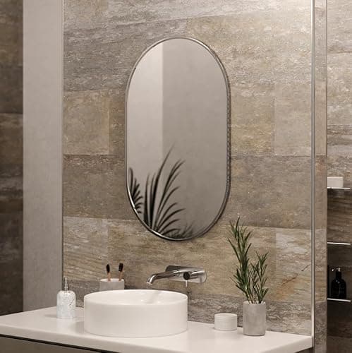 Image of Pebble Grey Bathroom Mirror 800x500mm Chrome Frame – Kira Pill Wall Mirror for Bathroom Spaces, Slim Oval Design, Hallway Bedroom Decor Accent, Over Sink Vanity Glass, Modern Home Interior Piece