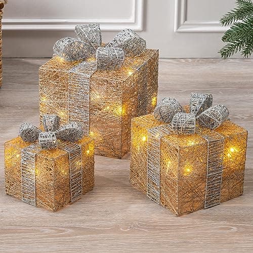 Image of Christow Light Up, Champagne Gold & Silver LED Parcels, Glittery Parcel Lights, Cotton Present Decorations, Battery Operated with Timer, Set of 3