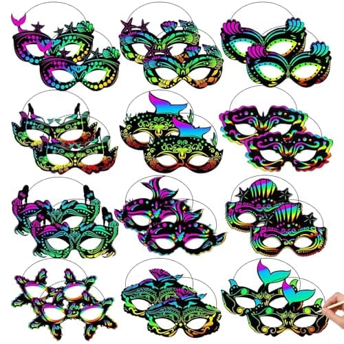 Image of Cosysparks Sea Animal Scratch Masks for Kids, 24 Pcs DIY Paper Masks to Decorate Kids Funny Magic Scratch Art Mask Craft Kit for Halloween Birthday Cosplay Themed Party(Sea Animal)