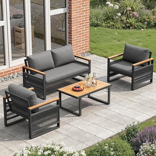 Image of BTM Garden Furniture Set 4 Seater with Outdoor Sofa, Armchairs and Coffee Table Balcony/Patio Conversation Set, Linen, Grey